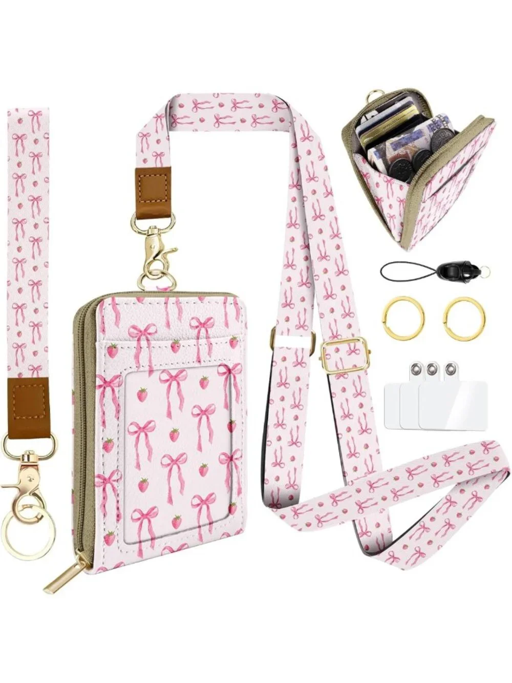 Adorable Pink Bow Strawberry Lanyard Wallet | RFID ID Holder & Card Case for
